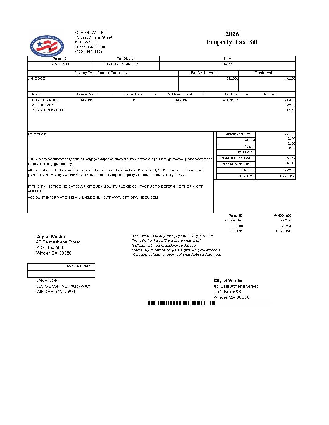 2026 City of Winder Property Tax Bill - Sample
